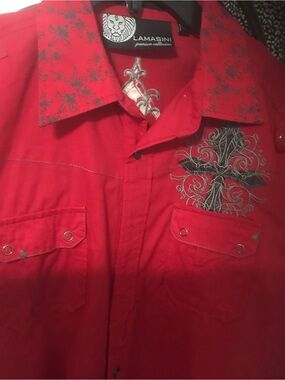 Lamasini Red Embroidered Casual Button-Down Shirt